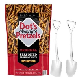 Dots Homestyle Original Seasoned Pretzel Twists, 35 oz (2 lbs 3 oz) – Bold & Savory Crunchy Snack – Resealable Bag – Includes Candy Freezer Mini Metal Shovel Spoons