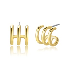 Obidos 14K Gold Plated Illusion Stud Earrings for Women | Triple Huggie Hoop Earrings for One Hole