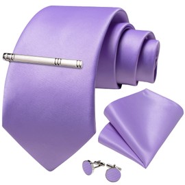 DiBanGu Solid Violet Purple Necktie for Men Party Wedding Satin Tie and Pocket Square Cufflinks Tie Clip Set