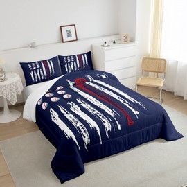 Baseball Printed Comforter for Boys Kids Girls American Flag Comforter Set Full Size Home Decor Soft Sports Games Bedding Set Retro Style All Season Bedroom Down Duvet,1 Comforter with 2 Pillowcase