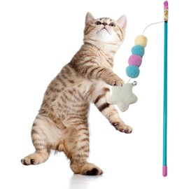 TypoGrove Cat Toy Wand, Pink Cat Stick Toy Elastic Rope Plush Ball Star Pendant, Bite-Resistant Comfortable Grip Relieve Boredom, Handmade Kitten Teaser Wand Cat Mice and Animals Toys