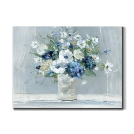 Renditions Gallery White and Blue Flowers in Vase Wall Art, Vibrant Floral Artwork, Modern Decorations, Premium Gallery Wrapped Canvas Décor, Ready to Hang, 18 in H x 27 in W, Made in America Print