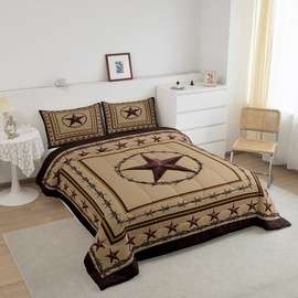 Western Texas Star Kids Comforter Set Queen Size,Cowboy Rustic Farmhouse Bedding Set,Boys Girls Adults Bedroom Decor,Geometric Plaids Patchwork Down Comforter,Brown Retro Duvet Insert,2 Pillowcases