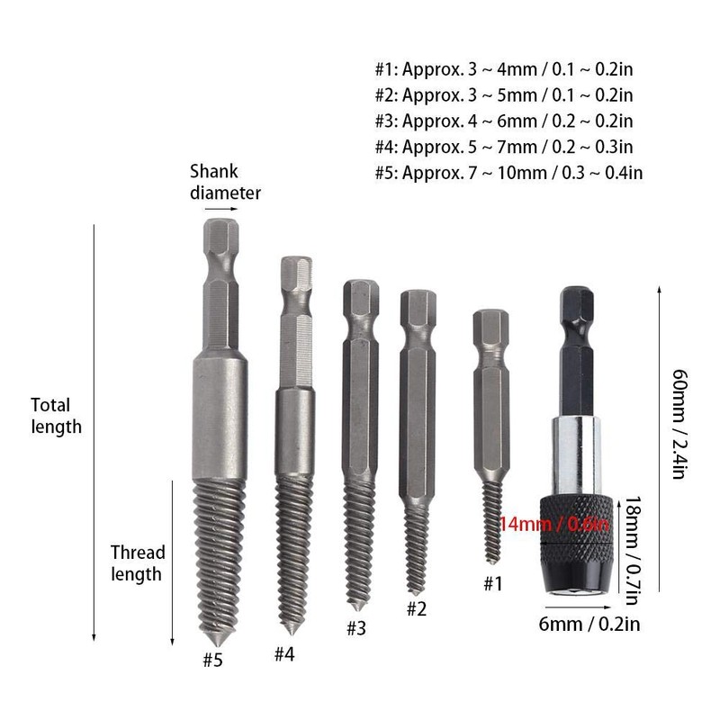 6Pcs Damaged Stripped Screw Extractor Set,Broken Screw Extractor kit, for