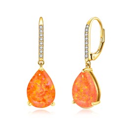 Leverback Orange Opal Dangle Earrings 14k Yellow Gold Plated Drop Earrings for Women Teardrop Earrings Elegant Jewelry Gifts for Mothers Day Birthday Party, Yellow Gold, Created Opal