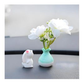 FALVFUN Car Rearview Mirror Dashboard Ornaments, 2PCS Cute Funny Mini Bunny and Peach Blossom in Flower Vase Decorations, Auto Interior Accessories for Women Girls, Universal Fit (White/Green)