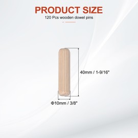 PATIKIL Wooden Dowel Pins 3/8" x 1-9/16" (10mm x 40mm) Straight Dowel Rods Wood Fluted Dowels Rods for Crafts Furniture DIY Hardwood Count 120