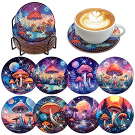 Dmiuhbl 8Pcs Diamond Painting Coasters Kit with Holder Cork Pad,Mushrooms Diamond Art Coasters Kit for Beginners Adults & Kids Small Diamond Painting Craft Supplies DIY