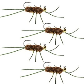 The Fly Fishing Place Tungsten Bead Jigged Pat's Rubber Legs Nymph Fly Fishing Flies - Coffee/Tan with Olive Legs - Trout and Bass Wet Fly Pattern - 4 Flies Hook Size 10