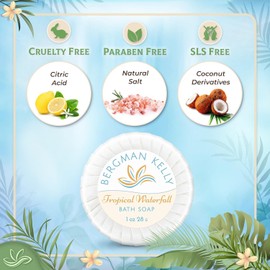 BERGMAN KELLY Hotel Soap Bars in Bulk (Tropical Waterfall, 1 oz, 100 PK), Travel Size Cleansing Soap, Small Individually Wrapped Round Soap, Mini Size Toiletries: Airbnb, Motel, Guest Bath