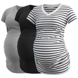 Smallshow Women's V Neck Maternity Clothes Tops Side Ruched Pregnancy T Shirt XX-Large Black-Light Grey-White Stripe