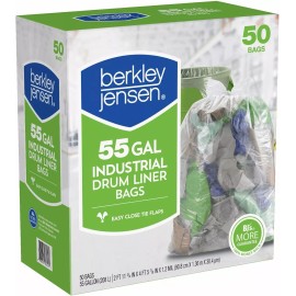Berkley Jensen Heavy Duty Clear Drum Liners Bags 55 Gallon Industrial Trash Bags 50ct