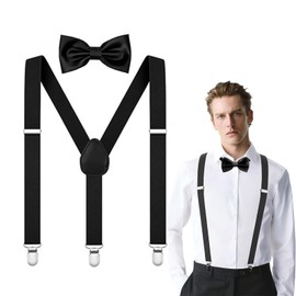 Set of 2 men's braces, black bow tie, Y-shaped slim with strong clips, elastic and adjustable, with matching bow tie, 12 x 6 cm, one size fits all, black