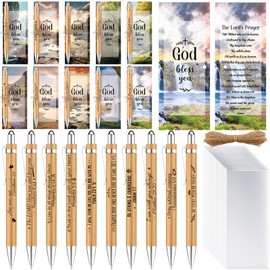 Qeeenar 50 Sets Christian Bamboo Pens Bulk Wooden Scripture Bible Verse Pens Religious Gifts Prayer Board Supplies Church Party Favors Bible Journaling Kit for Women Sunday School Supplies Group