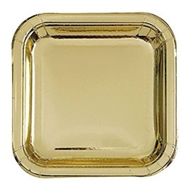 Unique Party 32334 - 18cm Foil Gold Square Paper Party Plates, Pack of 8