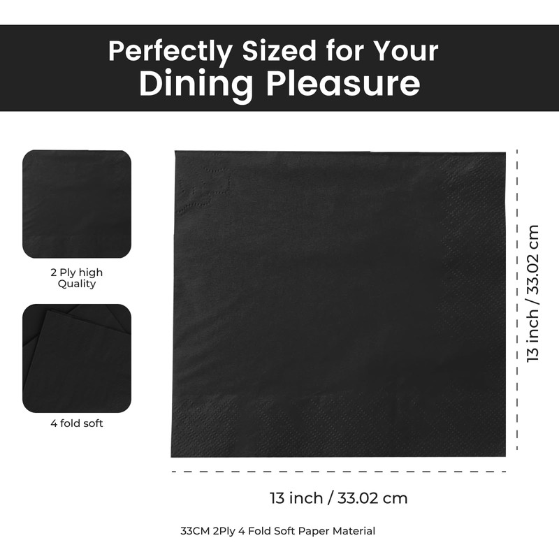 Black Luncheon Napkins - 100-4-Fold 2-Ply, 33 x 33cm -