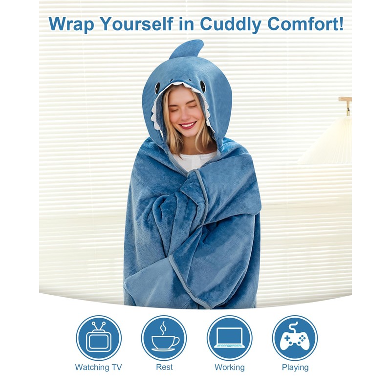 SQEQE Shark Wearable Hooded Blanket Oversized Hoodie For Women Men