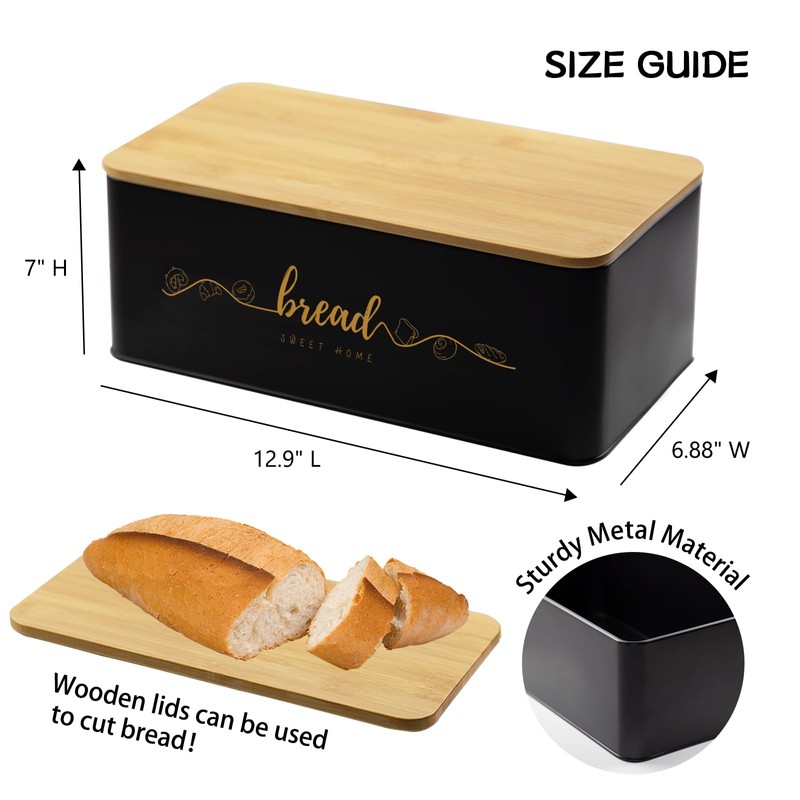 Holismo Bread Box with Bamboo Cutting Board Lid, Metal Bread