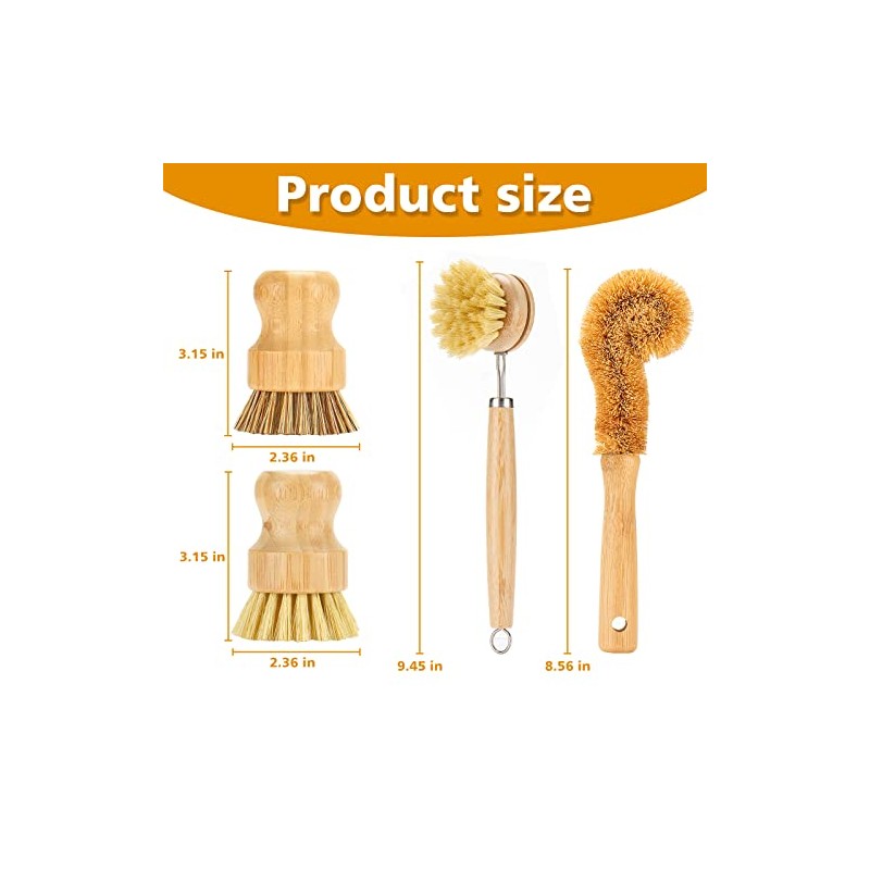 SAMEBUTECO Bamboo Dish Brushes Sets 4 Tools in One Kitchen