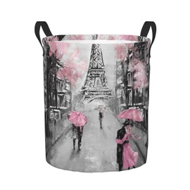 Dujiea Eiffel Tower Pink Lovers in Paris Laundry Basket Round with Handle, Collapsible Foldable Canvas Storage Bin Dirty Clothes Bag for Laundry/Toys Organizer/College Dorm/Nursery/Decor(2 Sizes)