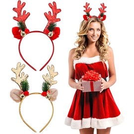 2 Pieces Christmas Headband Red Reindeer Antler Party Hats Gold Xmas Hair Band Hair Hoop with Ears Christmas Head Hat Toppers Costume Headbands Photos Booth Headwear Party Decoration for Kids Adults