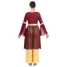 Praise Dance Dress for Women Long Sleeve Chiffon Overlay and Tunics Gold Baggy Pant Lyrical Liturgical Dancewear Vestido de Danza Cristiana Contemporary Worship Costume Wine Red S