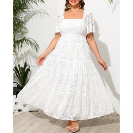 Talisea Women's Plus Size White Lace Wedding Bride Smocked Tiered Dress Photoshoot Long Flowy Maxi Boho Summer Dress
