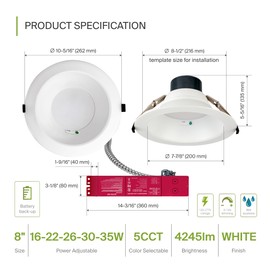 ASD Commercial LED Downlight 8 Inch with Emergency Battery Backup 15W, Power Adjustable Downlights 16/22/26/30/35W, Canless Recessed Lighting 120-277V, 5 CCT 2700K-5000K, Dimmable, IC Rated, White ETL