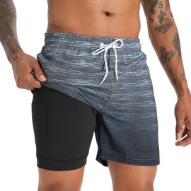 iCKER Swimming Trunks Men's Compression Liner 2 in 1 Swimming Shorts Board Shorts Quick-Drying Beach Shorts, Grey Stk270