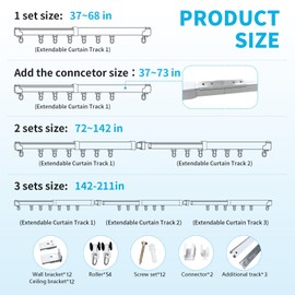 37-211in Retractable Wall or Ceiling Mount Curtain Track System for Track Curtains, Telescopic Ceiling Curtain Rail Track Set as Room Divider Curtain Rod,Adjustable Sliding Curtain Track Ceiling Mount