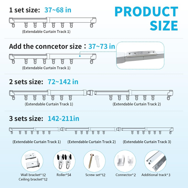 37-211in Retractable Wall or Ceiling Mount Curtain Track System for