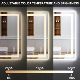 ROMECH 28" x 36" LED Bathroom Mirror with Lights, 3 Colors Dimmable, Anti Fog, Vanity Mirror with Lights, Front and Backlit, Memory Function, Tempered Glass, ETL Listed