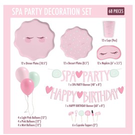 68 pcs Spa Party Supplies for Girls | Sleepover Party Supplies for Girls - Pink Birthday Decorations w/ Happy Birthday Banner, Spa Party Banner, Mint & Pink Balloons, Pink Paper Plates, Napkins & Cups
