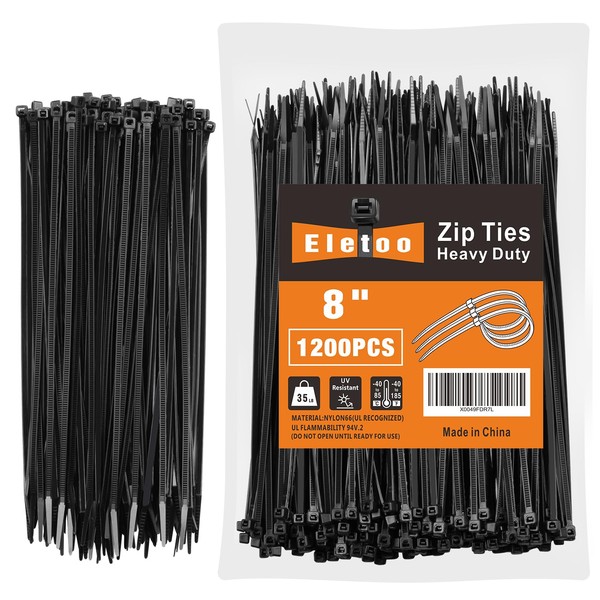Eletoo Eletoo 8 Inch Black Zip Ties (1200 Pack), 35