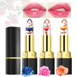Desing Wish Set of 3 Lipstick Set Flowers Temperature Sensitive Colour-Changing Pink Magic Lip Colour Changing Lipstick Crystal Jelly Flower Colour Changing Lipstick Lip Balm Girls Gift