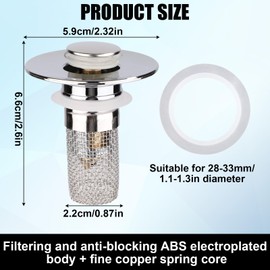 2pcs Bathroom Sink Stopper for 1.1-1.3in Hole, Universal Pop Up Sink Drain Strainer with Stainless Steel Floor Drain Filter Basket Hair Catcher Bathroom Replacement Accessories