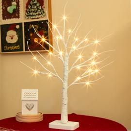 EAMBRITE Birch Tree with Led Lights, White Christmas Tree Decorations Indoor with Timer, Lighted Mini Small Artificial Lamp Prelit Twig Tree Battery Operated for Table Centerpiece Home Party Decor