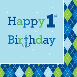 16-Count Paper Lunch Napkins, Ocean Preppy Boy Happy 1st Birthday
