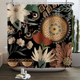 DASHAN Boho Floral Shower Curtain, Dark Vintage Shower Curtains for Bathroom, Retro Moody Bath Curtain, Abstract Botanical Bathroom Curtain Decor Chic Flowers Fabric Shower Curtain 72"x72"
