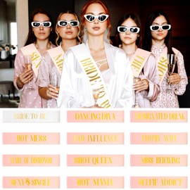 KICOSY 12 Pcs Bachelorette Party Sashes Set - 1 White Bride to Be & 11 Rose Gold Bridesmaid Sashes, Fitting & Skin Friendly, Ideal for Pre - Wedding Celebrations