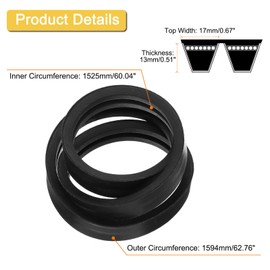 uxcell 2/B60 Classic Wrapped 2 Banded V-Belt, 63" Outside Circumference Wrapped 2 Banded Industrial Rubber V-Belt B Profile V-Belt for Industrial Machinery Equipment, Black