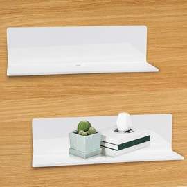 Cptoion Pack of 2 Wall Shelves, White, 22.9 cm Acrylic Shelf, No Drilling, Easy to Expand the Wall Surface, Floating Shelf Wall for Kitchen, Bedroom, Living Room, Bathroom, Office