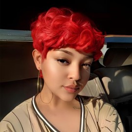 BOBCOO Short Red Wigs For Black Women Dark Red Curly Pixie Cut Wig Natural Hairstyles For Senior Women Layered Glueless Wigs For Black Women Red With Bang Synthetic Wigs For Black Women