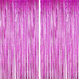PATIKIL Tinsel Foil Fringe Curtains 3.3x8.2 Ft, 2 Pack Metallic Tinsel Streamer Curtains Backdrop Photo Booth Props for Birthday Party Decorations Wedding Holiday Decor, Rose Red
