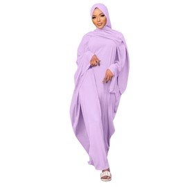 Muslim Abayas for Women One Piece Long Sleeve Islamic Prayer Dress with Hijab Loose Full Length Maxi Cover Kaftan Robe Gown with Khimar Jilbab Niqab Dubai Modest Clothes Light Purple + Hijab One Size