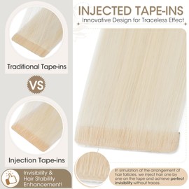 Elailite Injected Tape in Hair Extensions Human Hair - Invisible Skin Weft Remy Natural Real Hair Extension Straight 10 Pcs 20g - #613 Bleach Blonde - 14 Inch