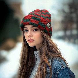 Clakllie Classic Warm Knit Hat Two-Tone Winter Beanie for Women Toboggan Ski Skull Cap Men's Winter Hats,Red/Green