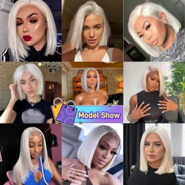 21AE Platinum Blonde Wigs Human Hair Real Skinlike Glueless Bob Lace Front Wigs for Women 10'' Pre plucked Frontal and Bleached Knots 60# White Bob Grey Wigs with Baby Hair 130% Density