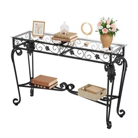 HavenlyYouth Console Table 47.2", Tempered Glass Sofa Tables, Vintage Entryway Table with Metal Frame, Console Tables for Living Room, Entrance, Foyer, Adjustable Feet (Black)