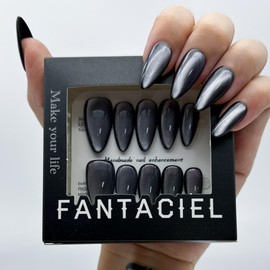 FANTACIEL 10 PCS Handemade Press On Nails Cat Eye Design Acrylic Nails Reusable Almond Fake Nails 519 Almond S